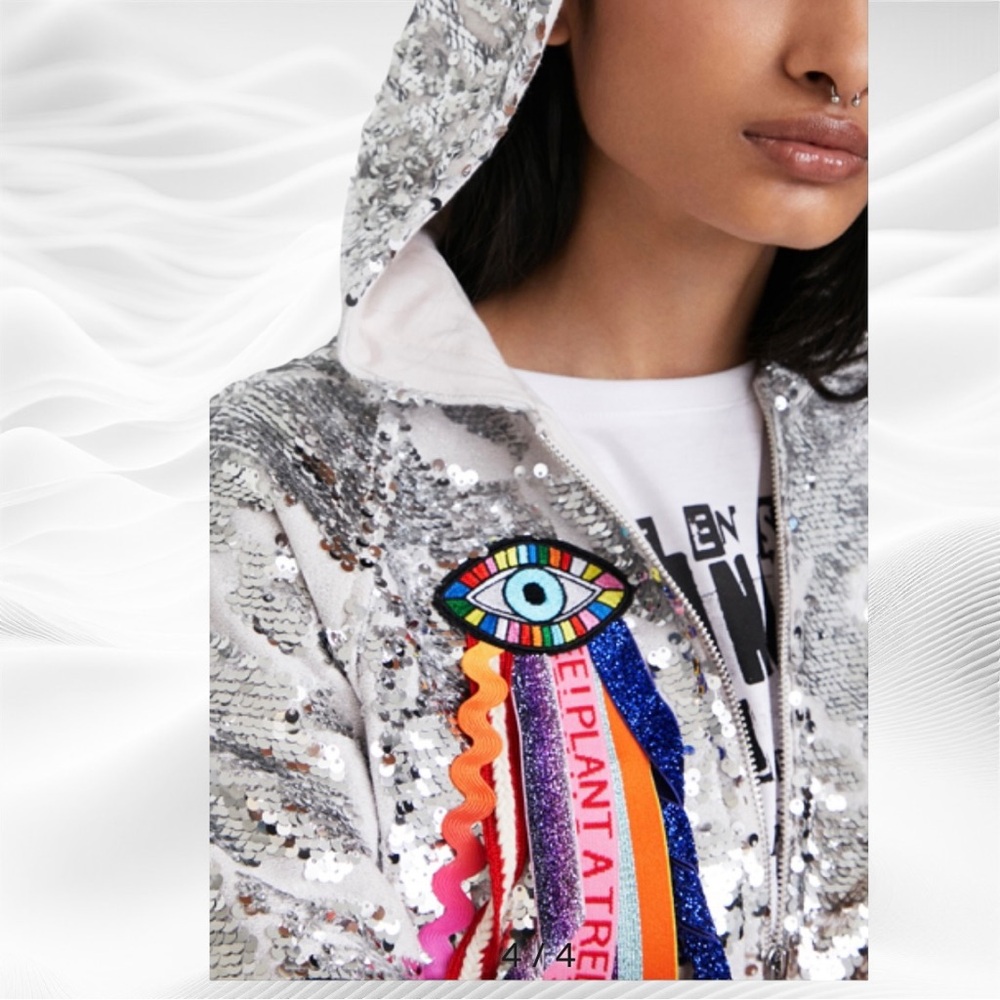 NEW Desigual X Johnson Hartig Libertine Small‎ Sequin Hoodie Rainbow Ribbon Eye
